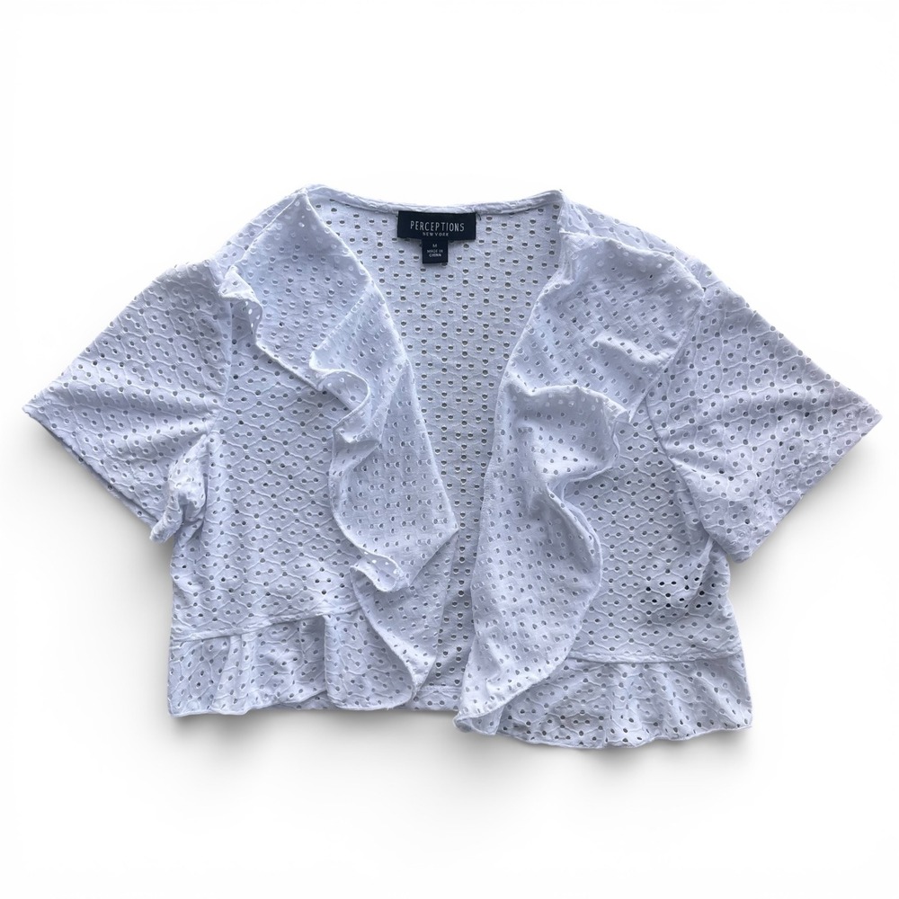 Perceptions New York Womens M White Eyelet Ruffle Short Sleeve Cropped Shrug Y2K